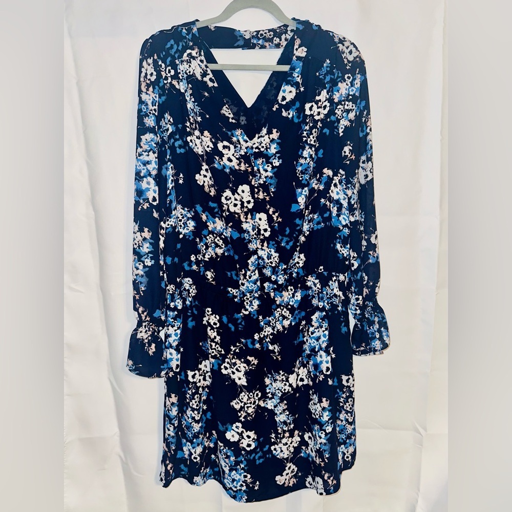 Lila Rose Navy Floral Poet Sleeve Crepe Blouson Dress Sz 12 NWT